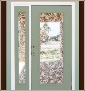 Door and sidelight decorated with Pot Leaf etched glass window film design.