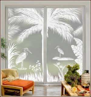 Add privacy to large sliding glass doors with the Heron Hideaway window film scene.