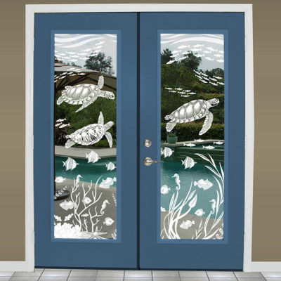 French doors decorated with Sea Turtle Cove etched glass window film.