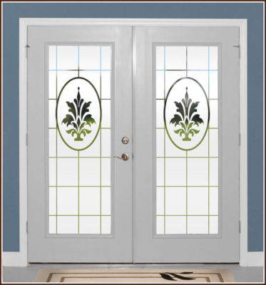 One-light french doors with Doral etched glass design.