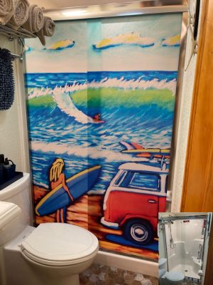 Before and after custom shower beach scene.