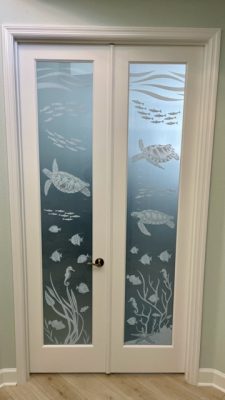 Sea turtles made to size for narrow french doors.
